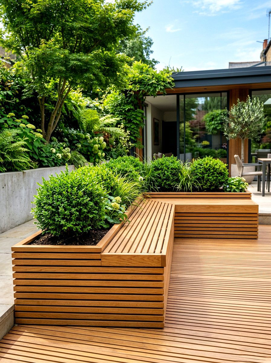 Wood Slat Deck Planter Bench - 30 deck planter bench ideas