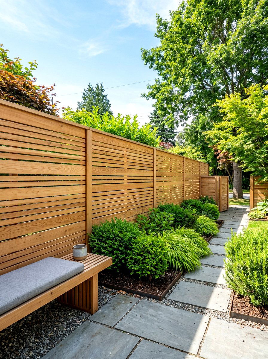 Wood Slat Fence - 30 warm minimalist backyard ideas