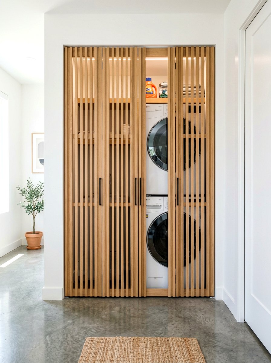 Wood Slat Laundry Doors - 30 stacked laundry closet ideas