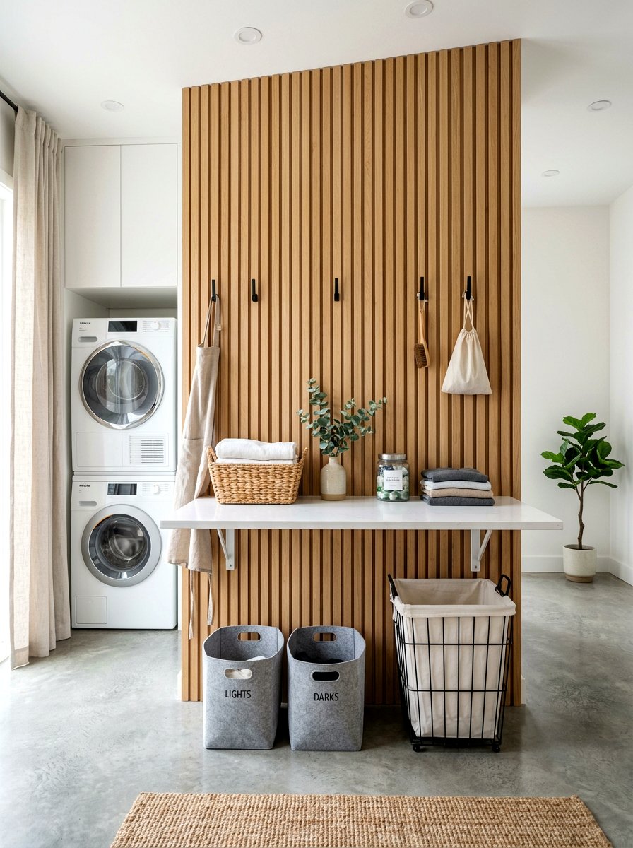 Wood Slat Laundry Room Wall Station - 30 folding station laundry ideas