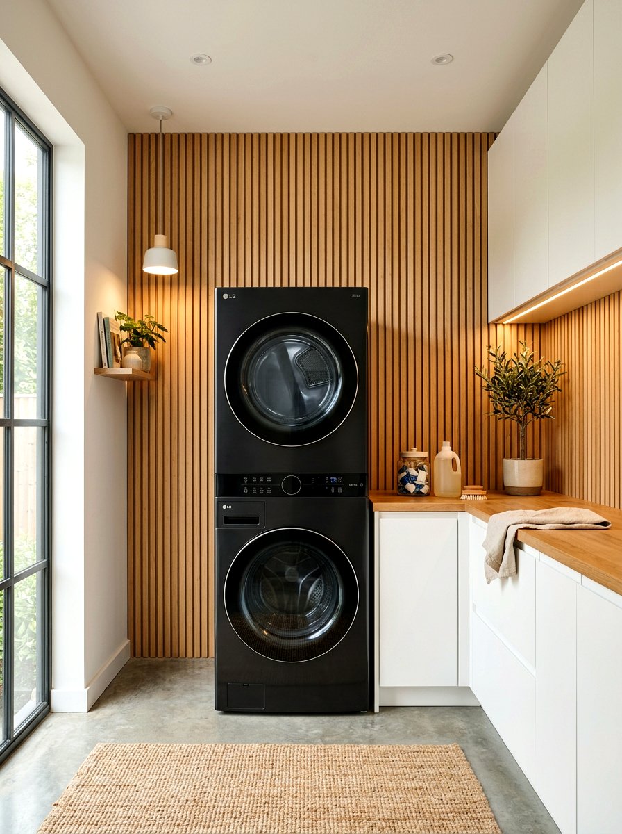 Wood Slat Laundry Wall - 30 stacked washer dryer ideas