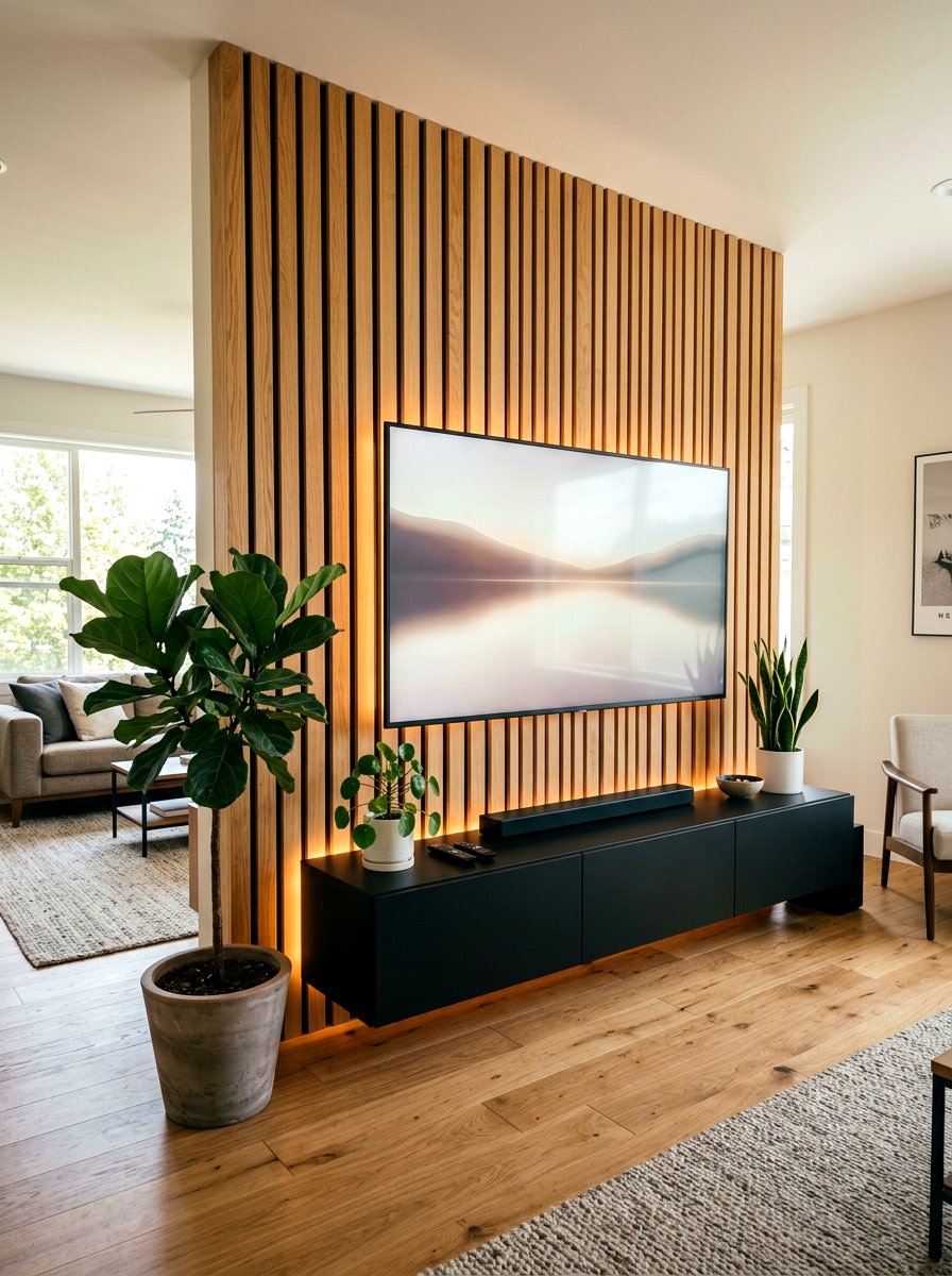 Wood Slat Panel Media Wall - 30 built in media wall ideas