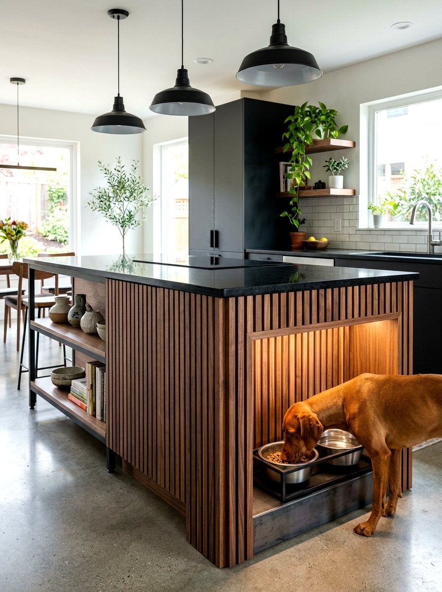 Wood Slat Pet Feeding Nook - 30 aesthetic pet station kitchen ideas
