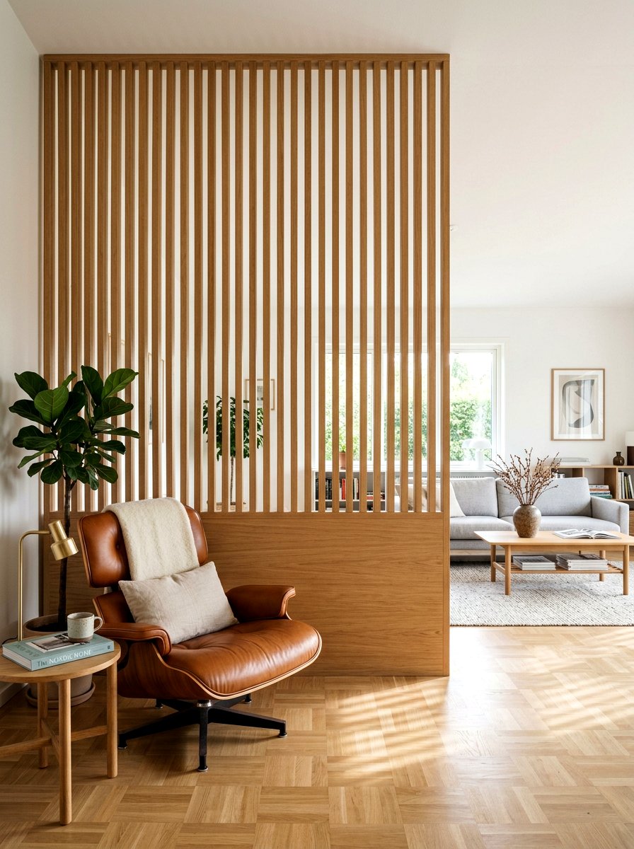 Wood Slat Room Divider - 30 half wall zoning ideas
