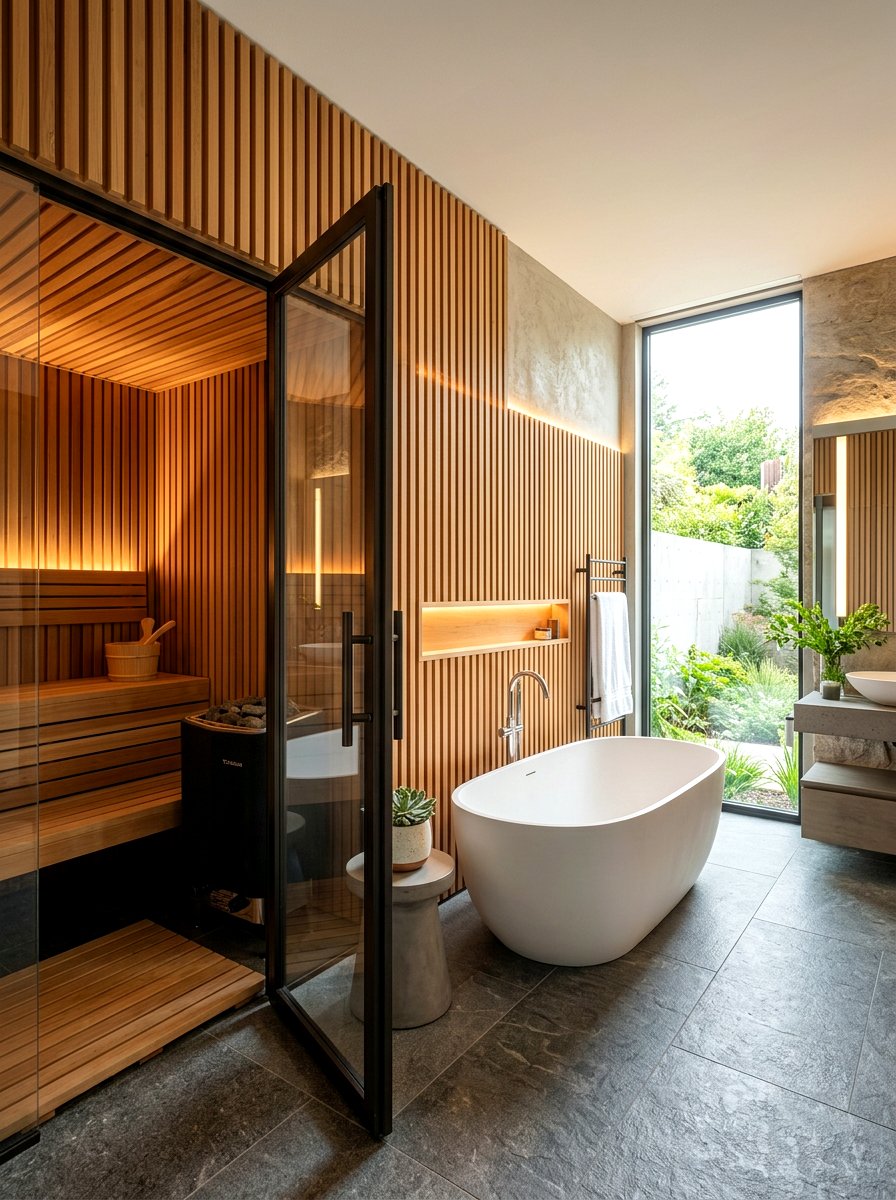 Wood Slat Sauna Wall - 30 sauna bathroom ideas