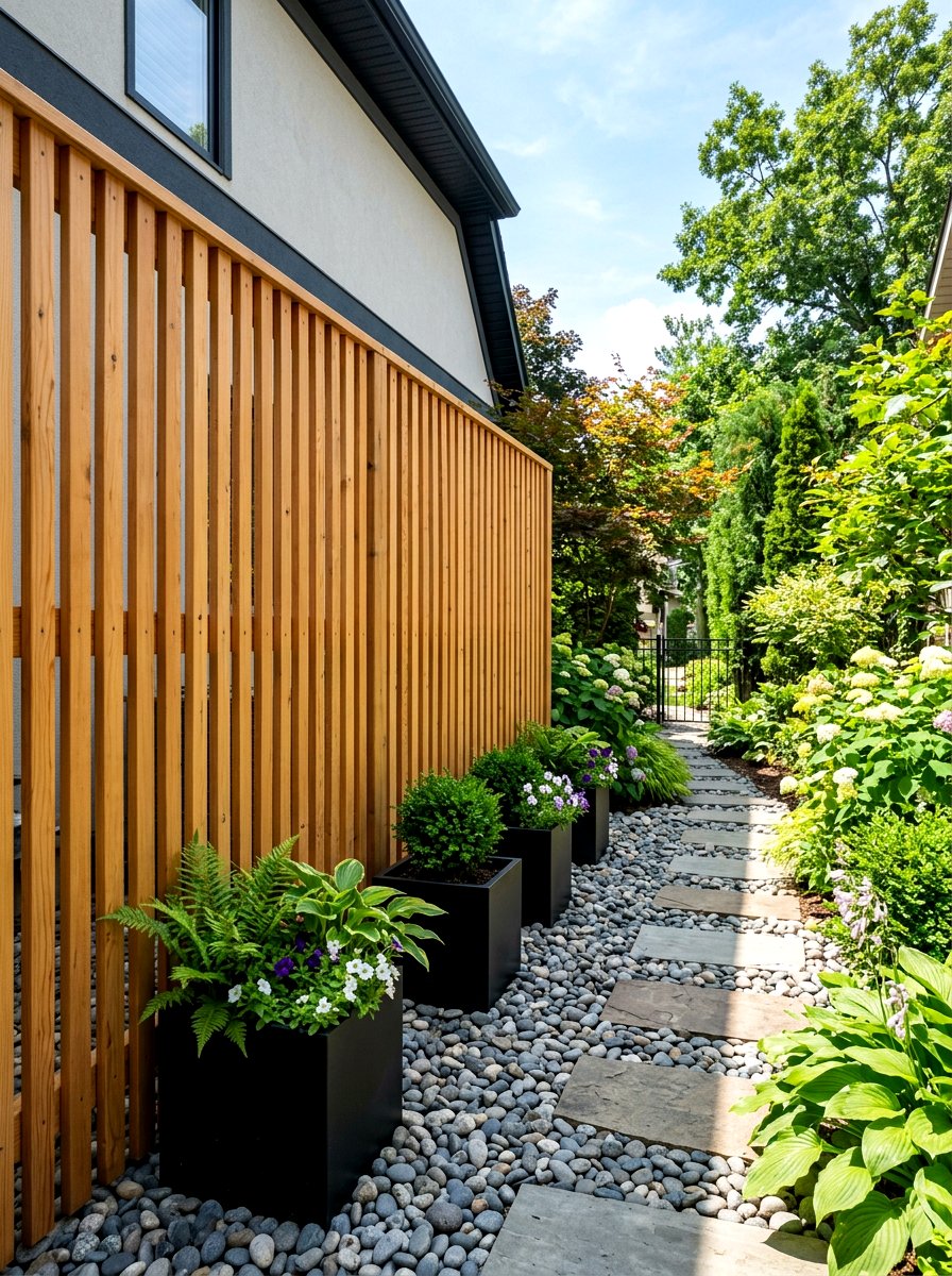 Wood Slat Screen - 30 side yard privacy ideas
