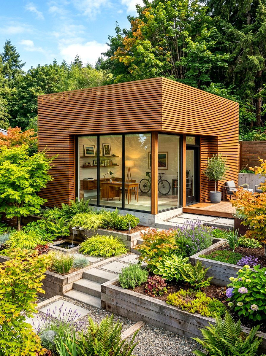 Wood Slat Studio - 30 backyard studio shed ideas