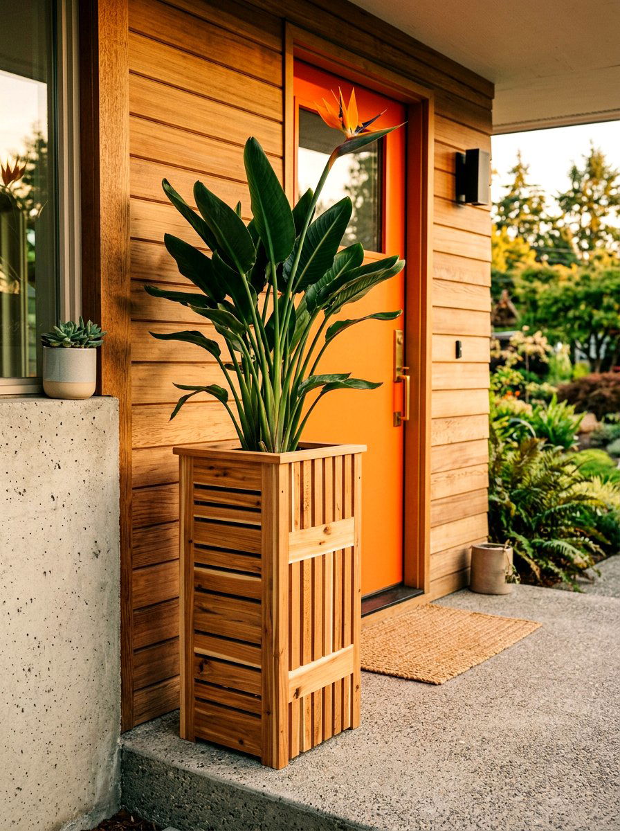 Wood Slat Tall Planter - 30 tall front door planter ideas