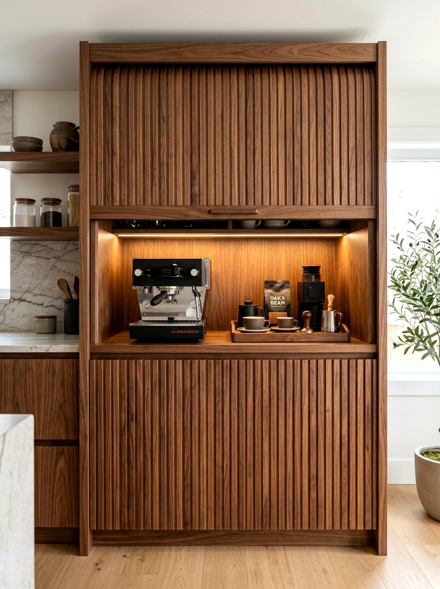 Wood Slat Tambour Door - 30 appliance garage coffee station ideas
