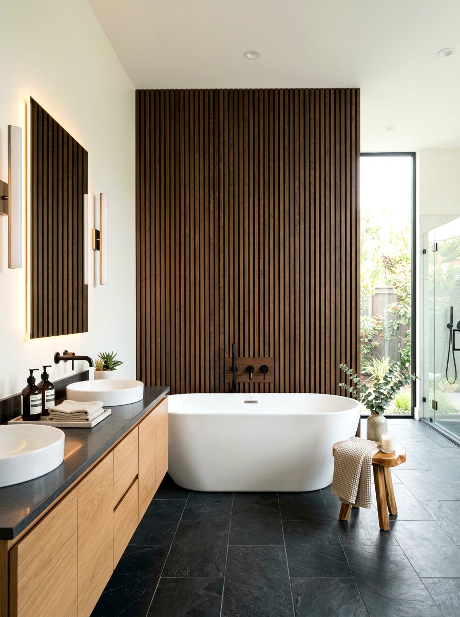 Wood Slat Wall - 30 master bathroom ideas