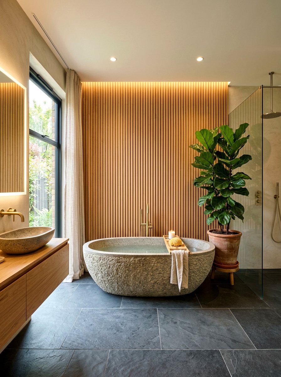 Wood Slat Wall - 30 sound bath bathroom ideas