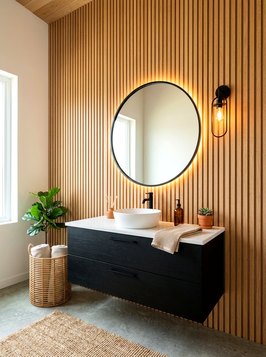 Wood Slat Wall - 30 tiny house bathroom ideas