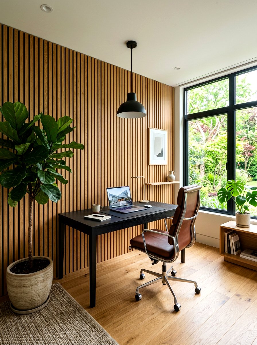 Wood Slat Wall - 30 home office wall ideas