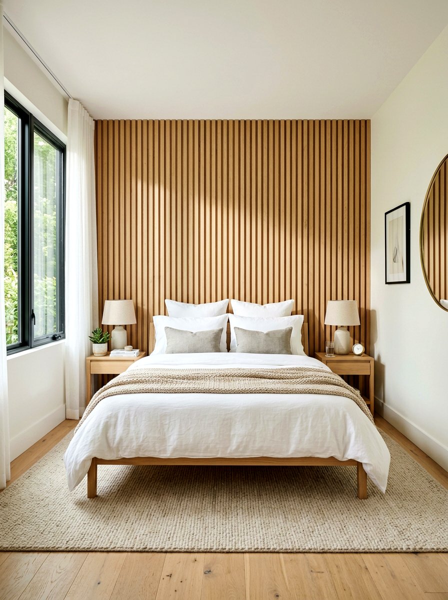 Wood Slat Wall - 30 Japandi bedroom ideas