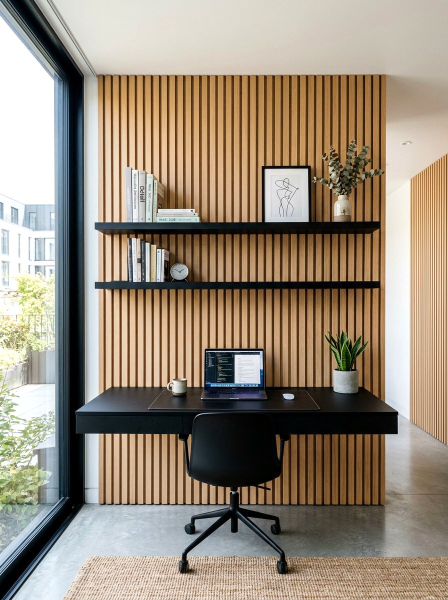 Wood Slat Wall Desk Space - 30 cloffice apartment ideas