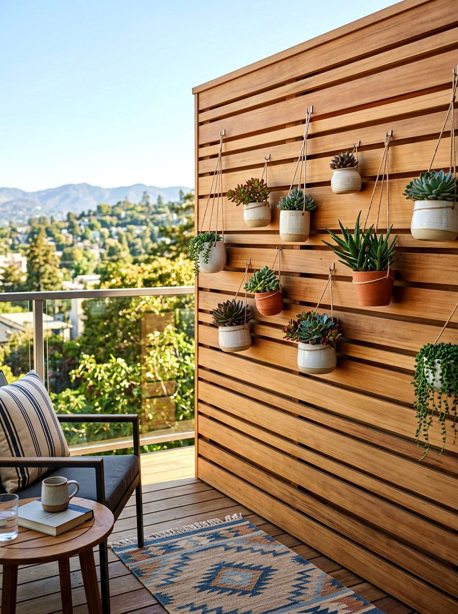 Wood Slat Wall With Wall Planters - 30 balcony privacy planter ideas