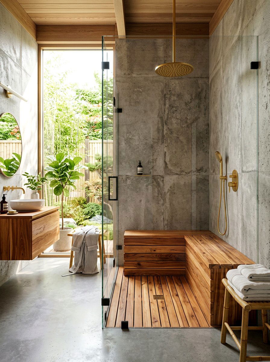 Wood Slatted Shower Bench - 30 shower bench styling ideas