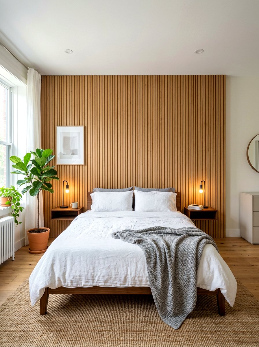 Wood Slatted Wall - 30 organic modern bedroom ideas