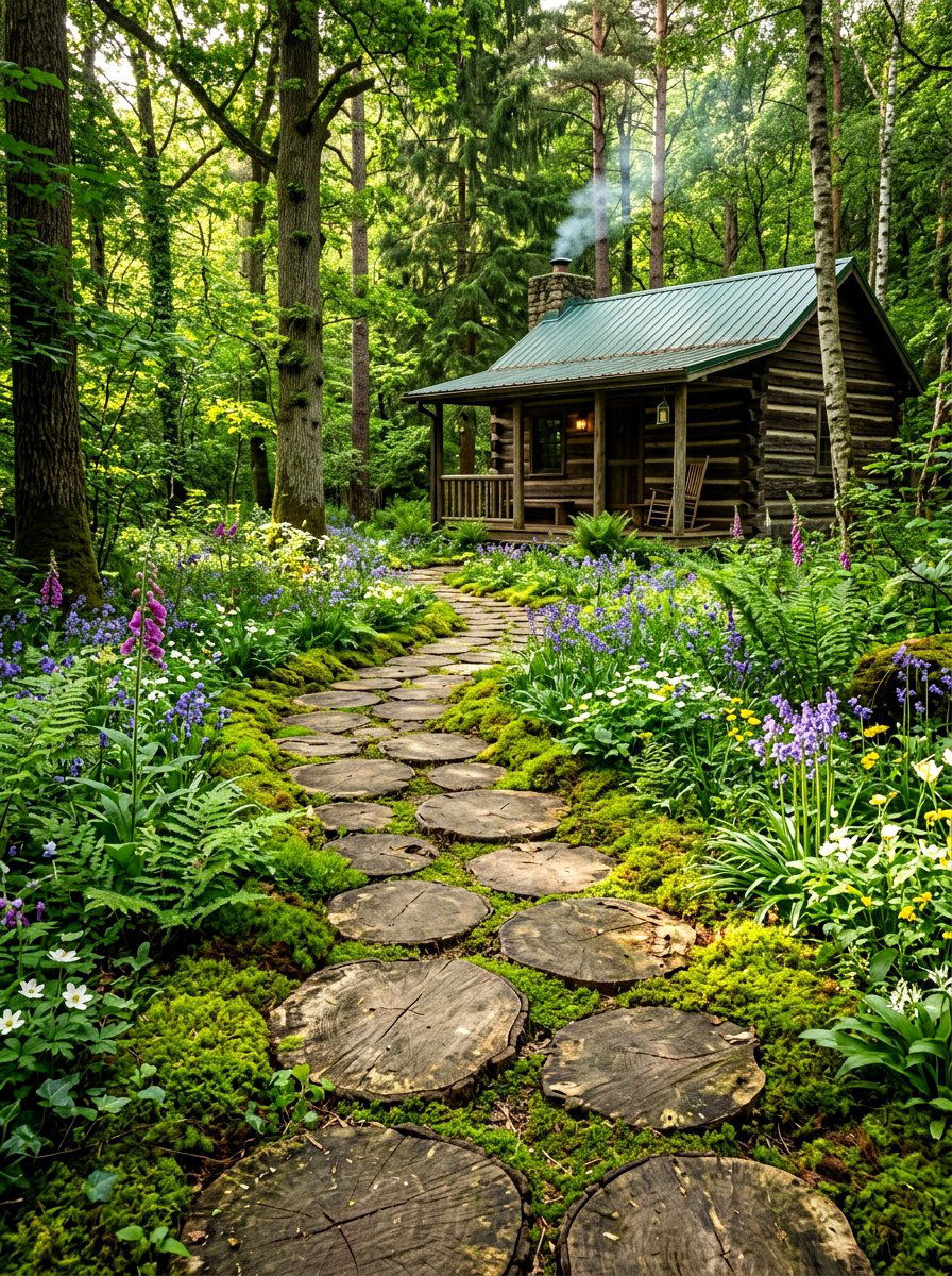Wood Slice Garden Path - 30 stepping pad lawn ideas