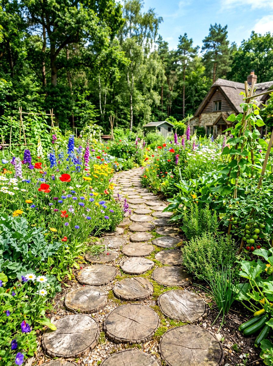Wood Slice Path - 30 vegetable garden path ideas