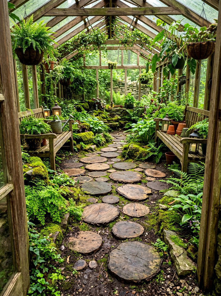 Wood Slice Walkway - 30 greenhouse path ideas