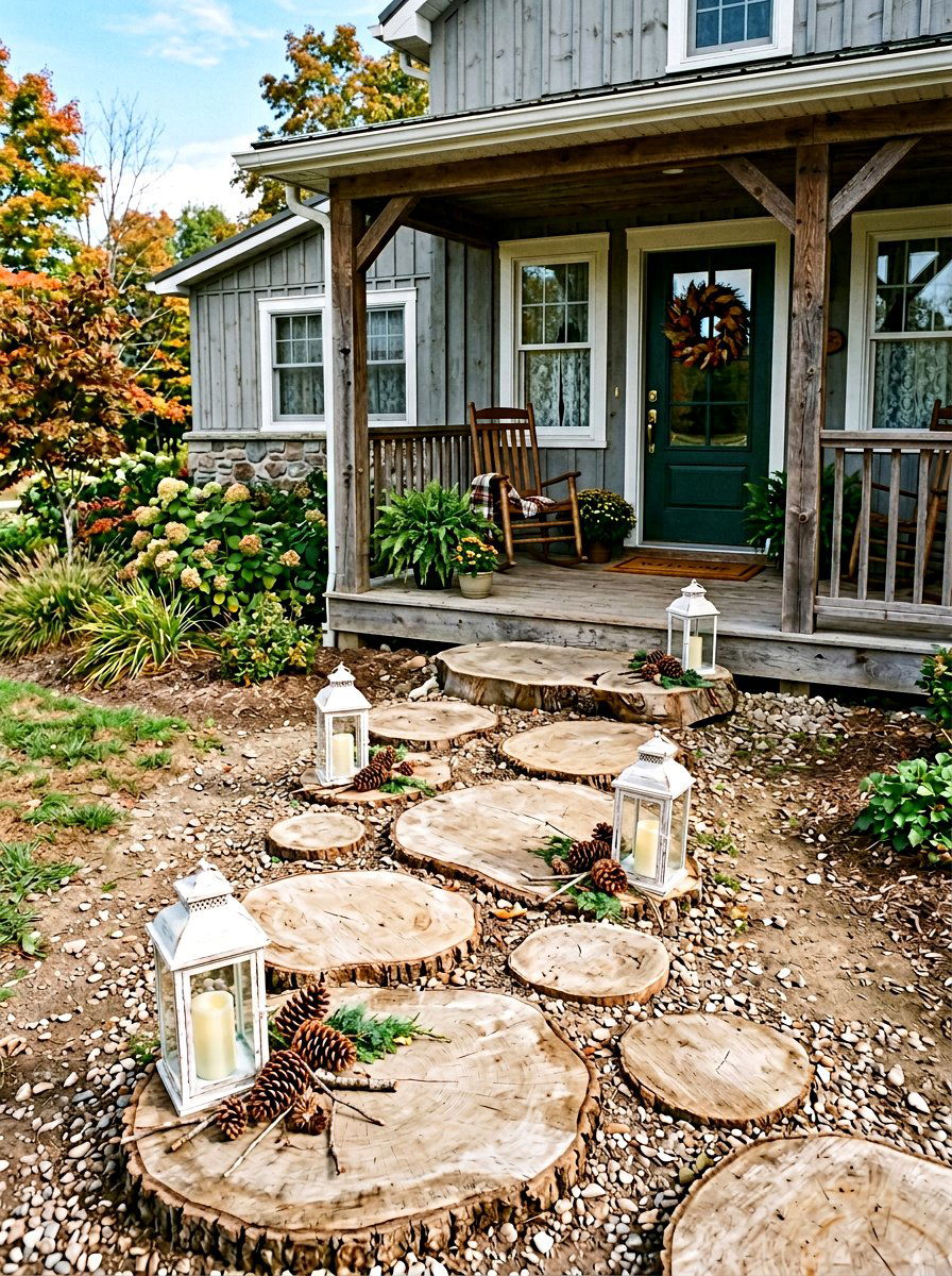 Wood Slice Walkway - 30 winter front porch ideas