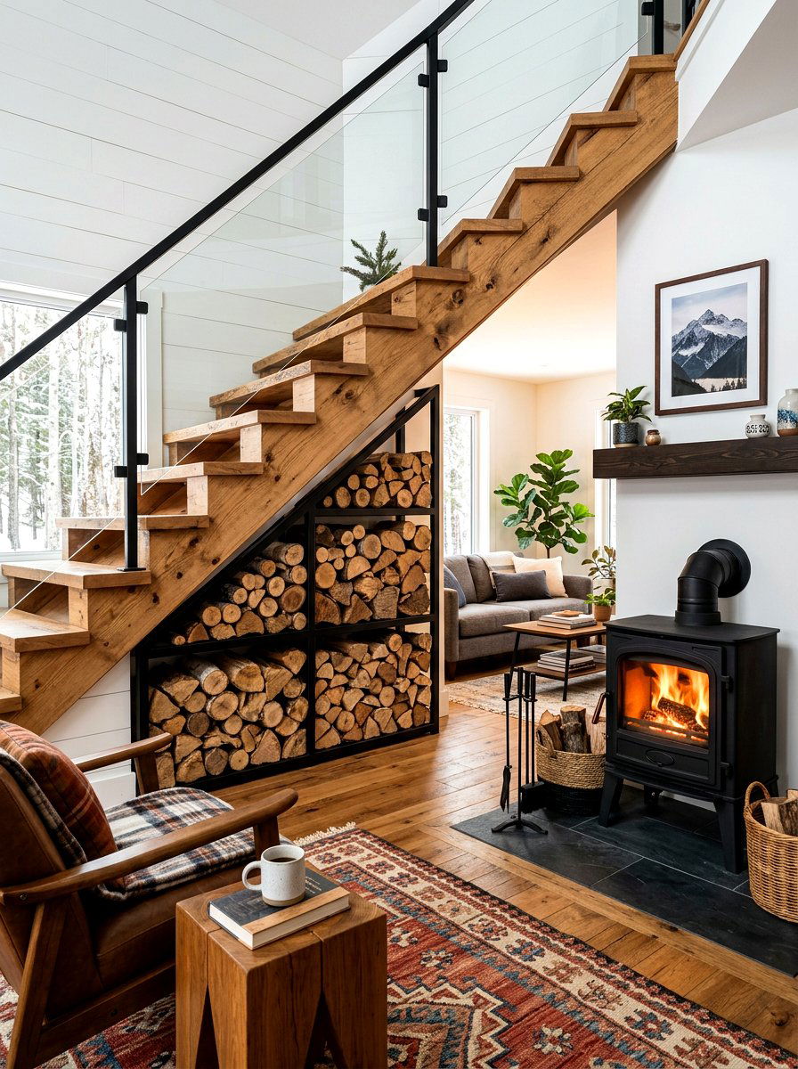 Wood Storage Under Stairs - 30 staircase nook ideas
