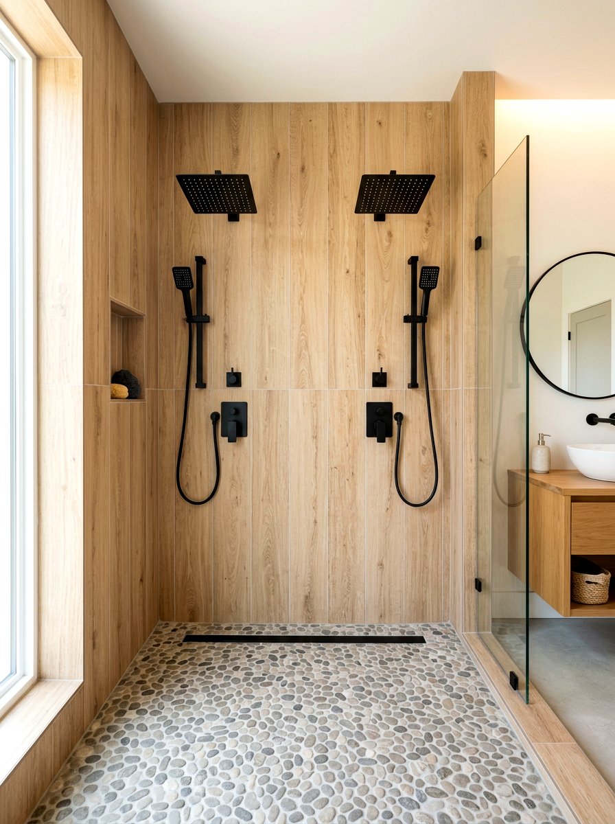 Wood Tile Double Shower Head - 30 double shower head ideas