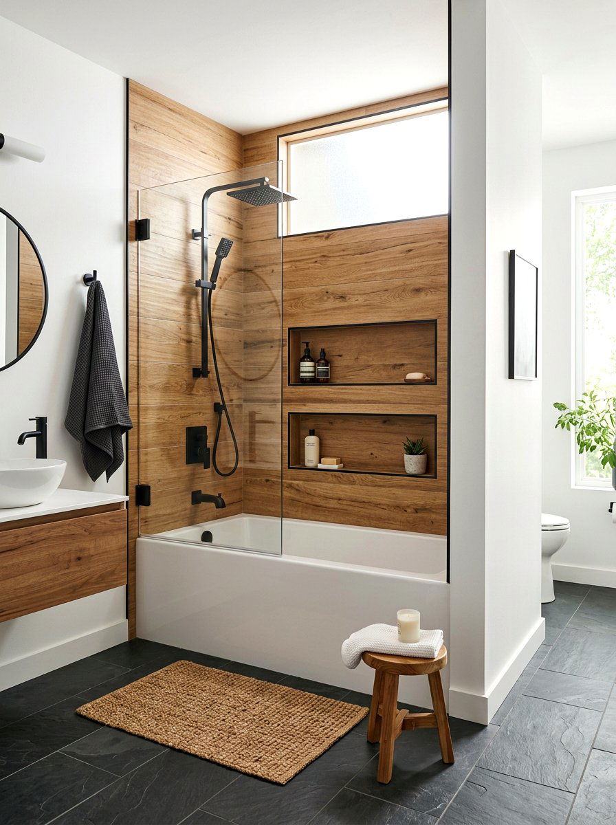 Wood accent bathroom tub shower - 30 tub shower combo ideas