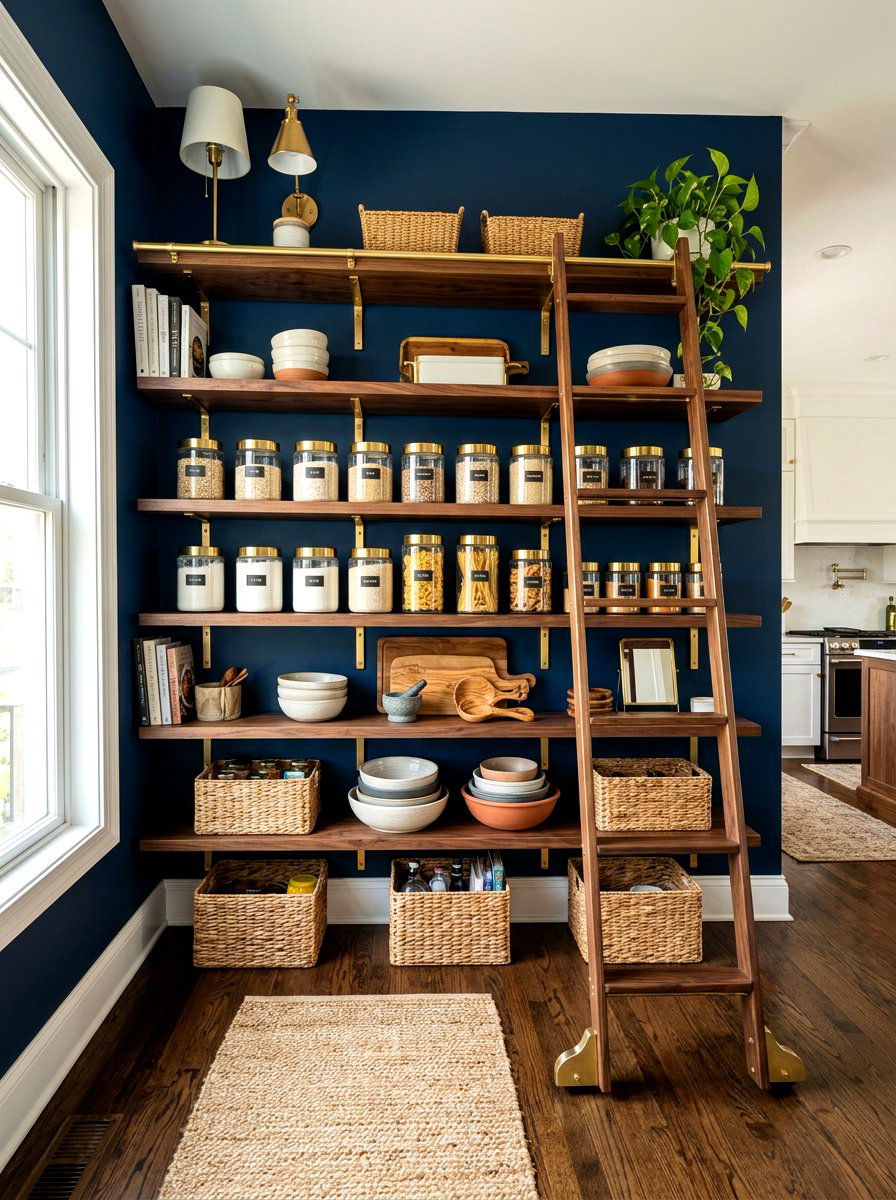 Wood and brass pantry shelving - 30 pantry with open shelving ideas