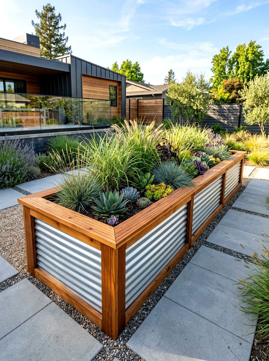 Wood and corrugated metal bed - 30 wood raised bed ideas