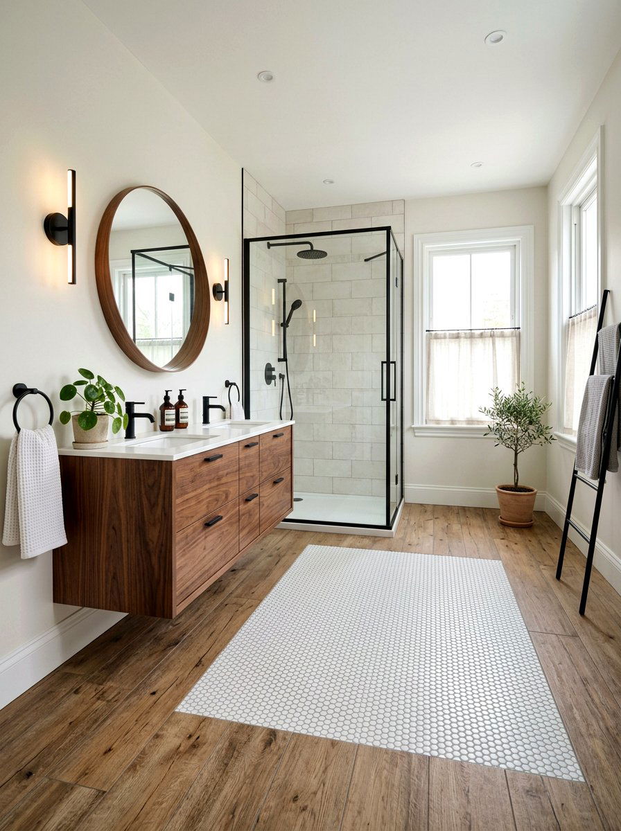 Wood and penny tile - 30 penny tile bathroom ideas