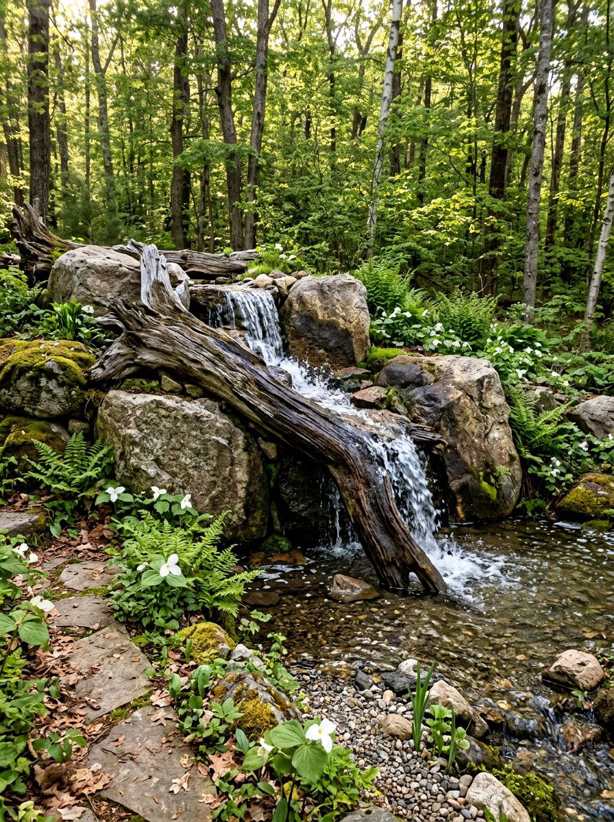 Wood and stone waterfall - 30 pondless waterfall ideas