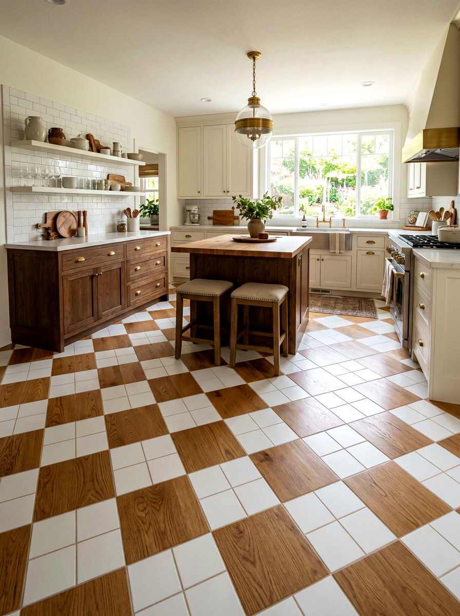 Wood and tile checkerboard floor - 30 checkerboard kitchen tile ideas