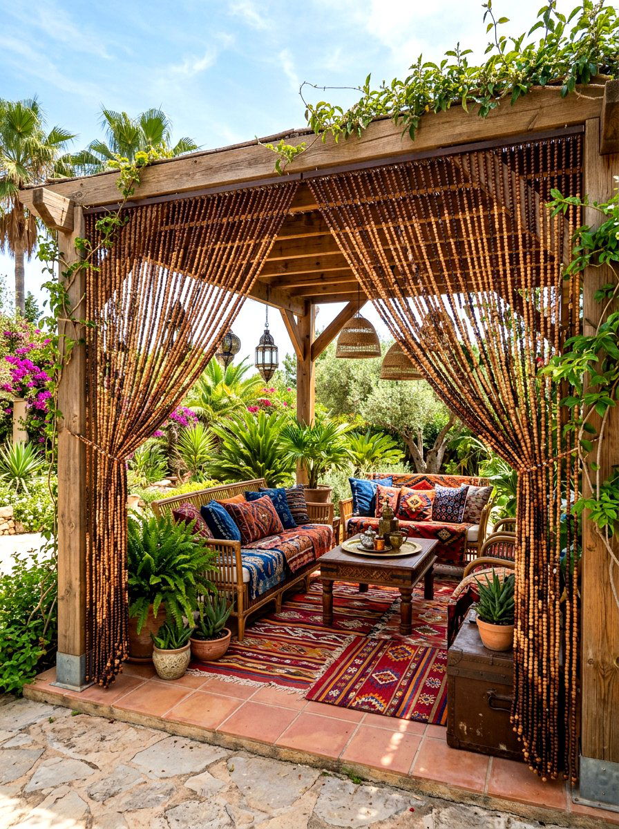 Wood bead curtains - 30 pergola curtain ideas