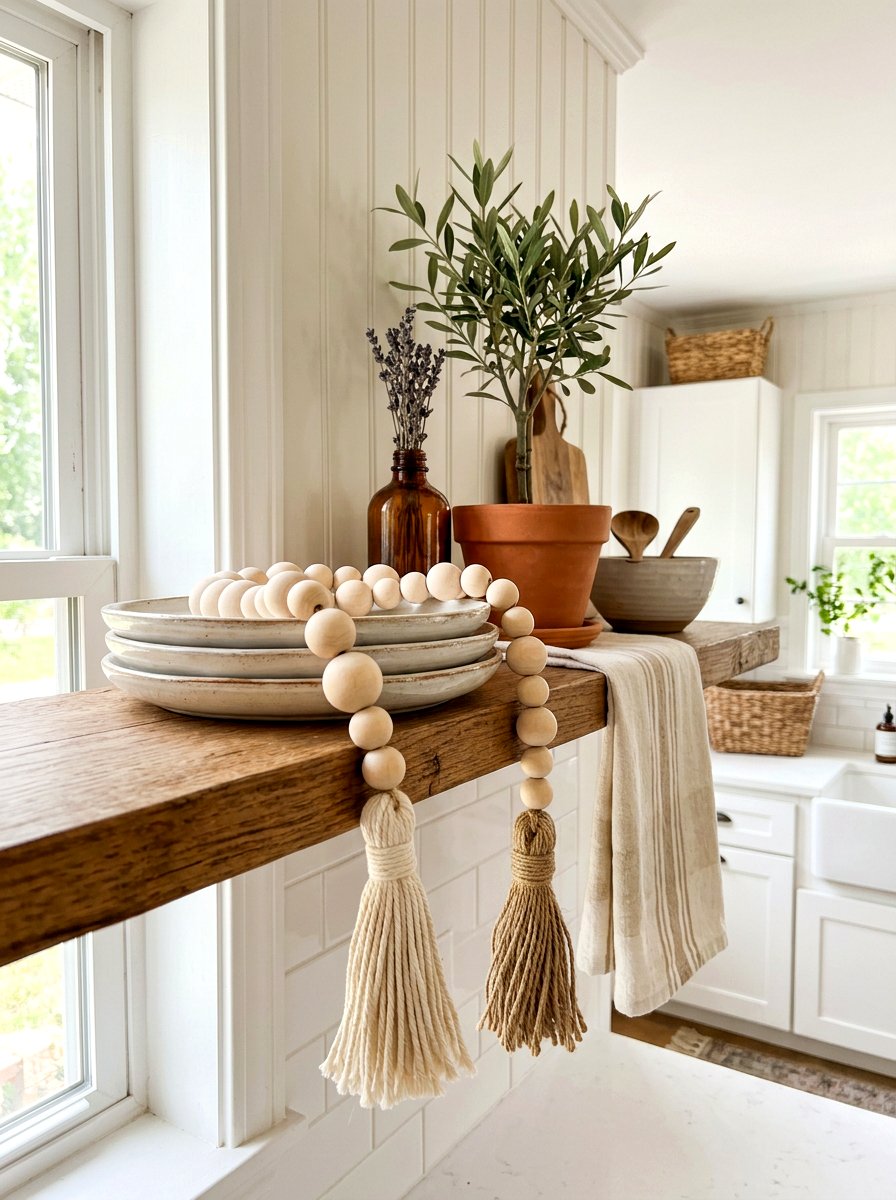 Wood bead garland shelf - 30 fall kitchen shelf decor ideas