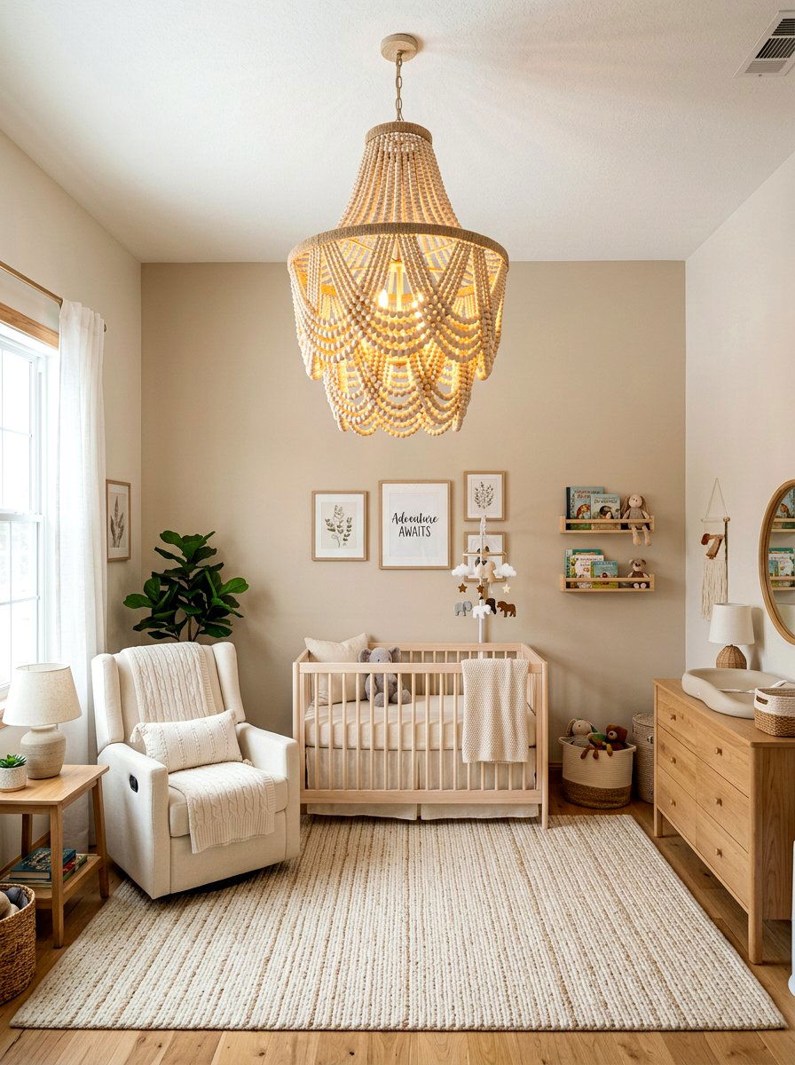 Wood beaded chandelier nursery - 30 boho nursery ideas