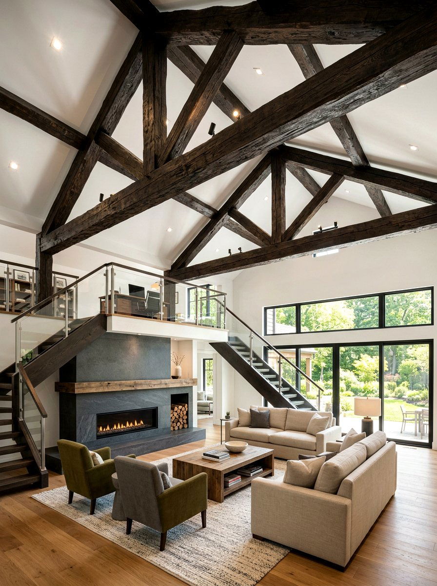 Wood beam ceiling for split levels - 30 split level living room ideas