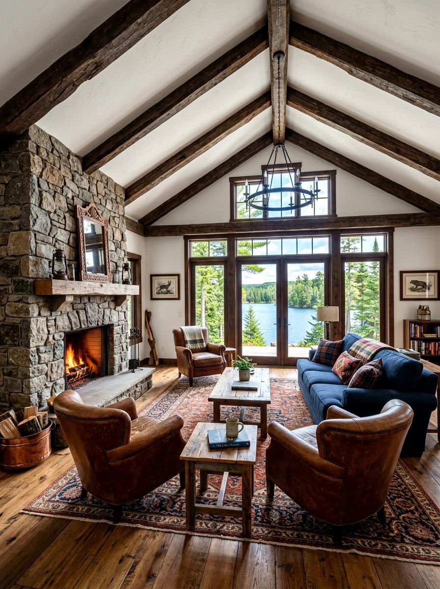Wood beam lake house - 30 lake house living room ideas