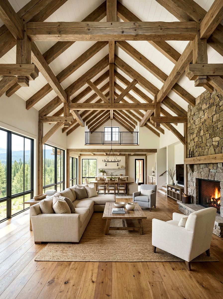 Wood beam loft ceiling - 30 loft living room ideas