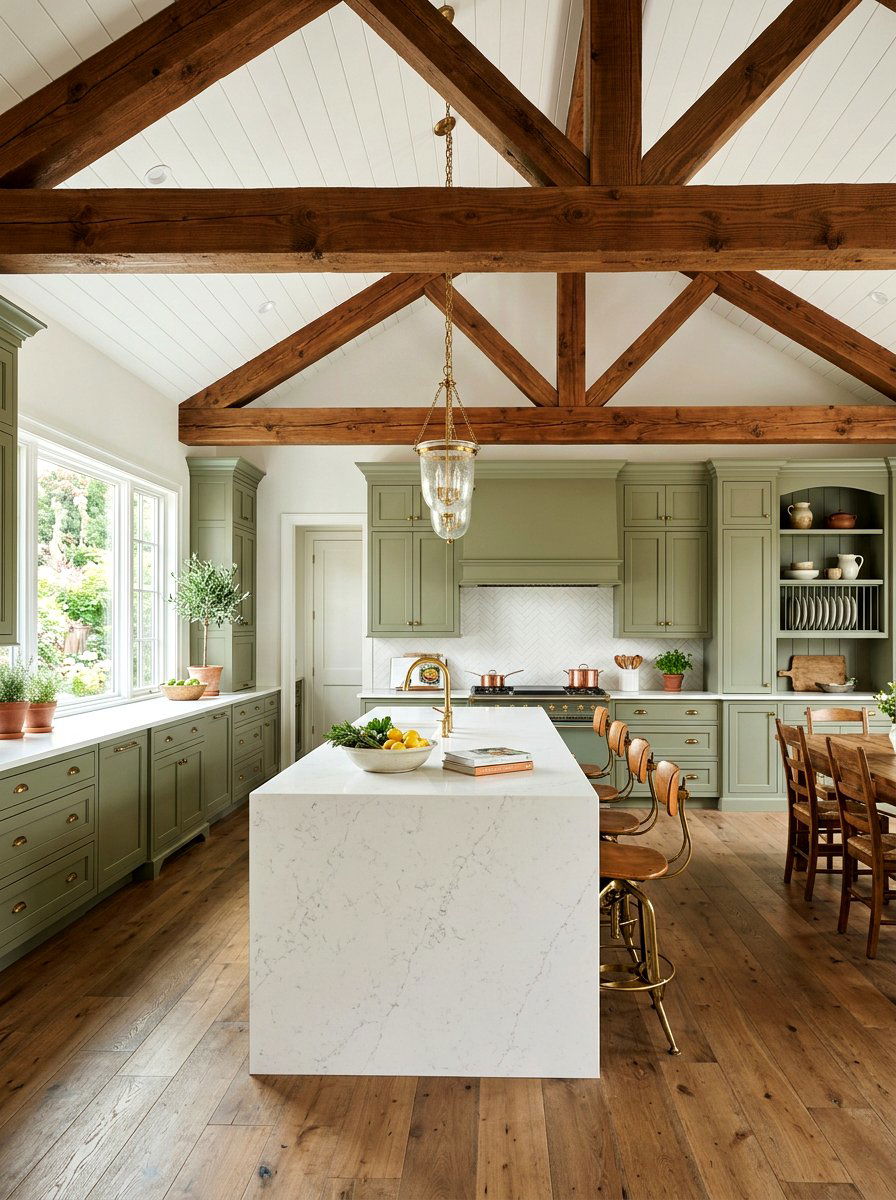 Wood beams and green kitchen - 30 green and wood kitchen ideas