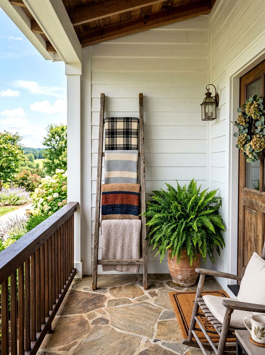 Wood blanket ladder - 30 outdoor blanket storage ideas