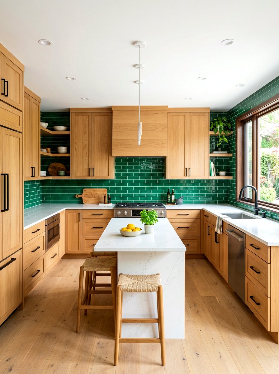Wood cabinets and green backsplash - 30 green and wood kitchen ideas