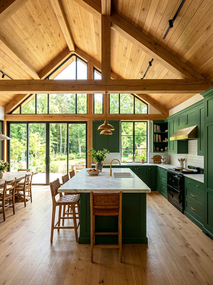 Wood ceiling and green kitchen - 30 green and wood kitchen ideas