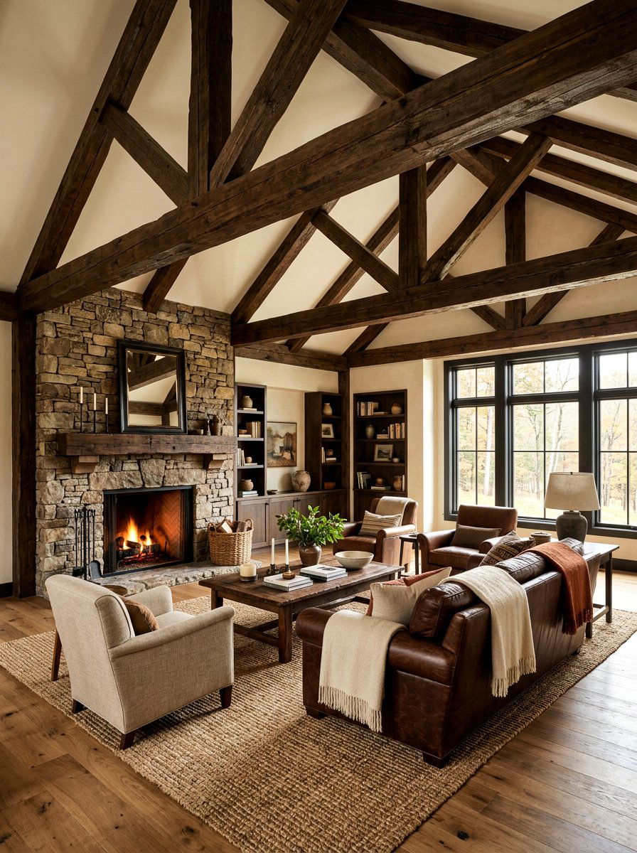 Wood ceiling beams - 30 tonal brown living room ideas