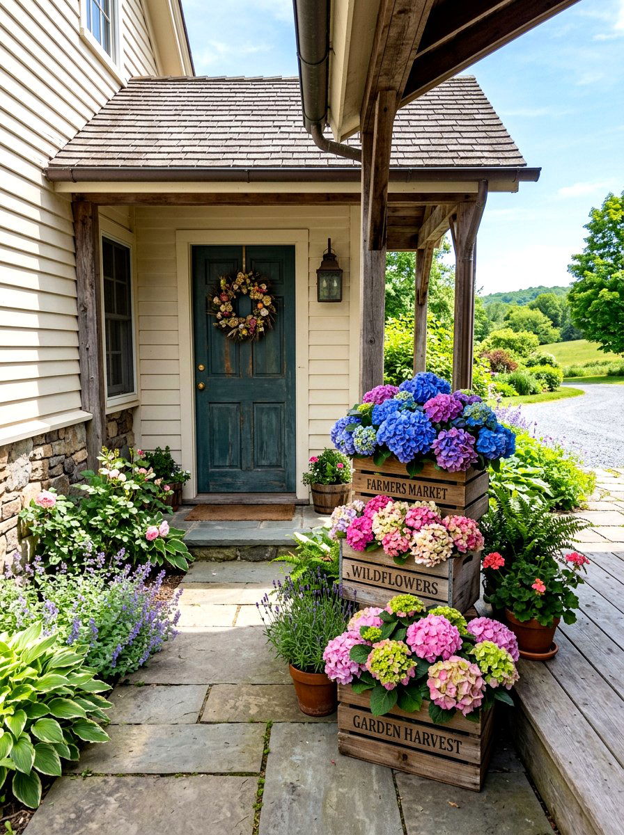 Wood crate hydrangea porch decor - 30 hydrangea heavy front porch ideas