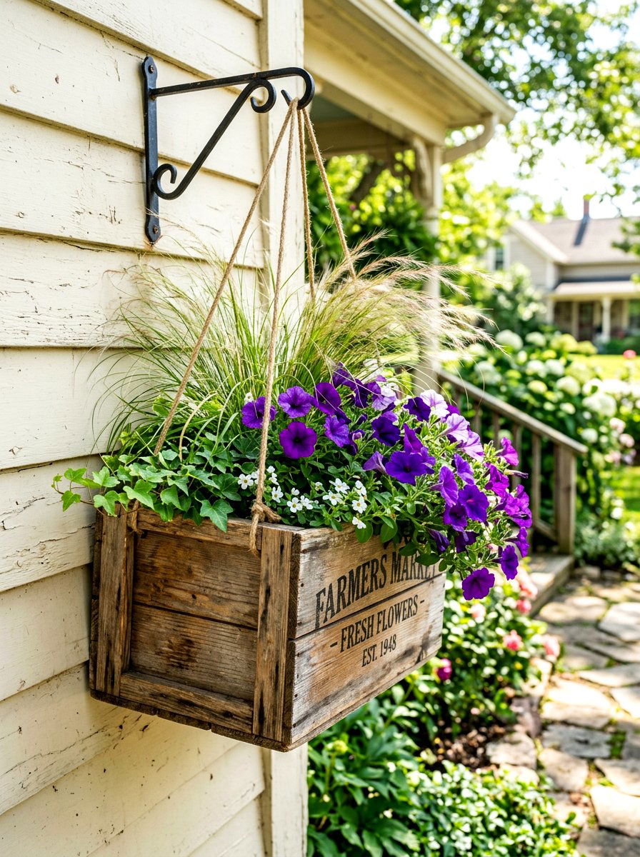 Wood crate planter - 30 hanging container garden ideas