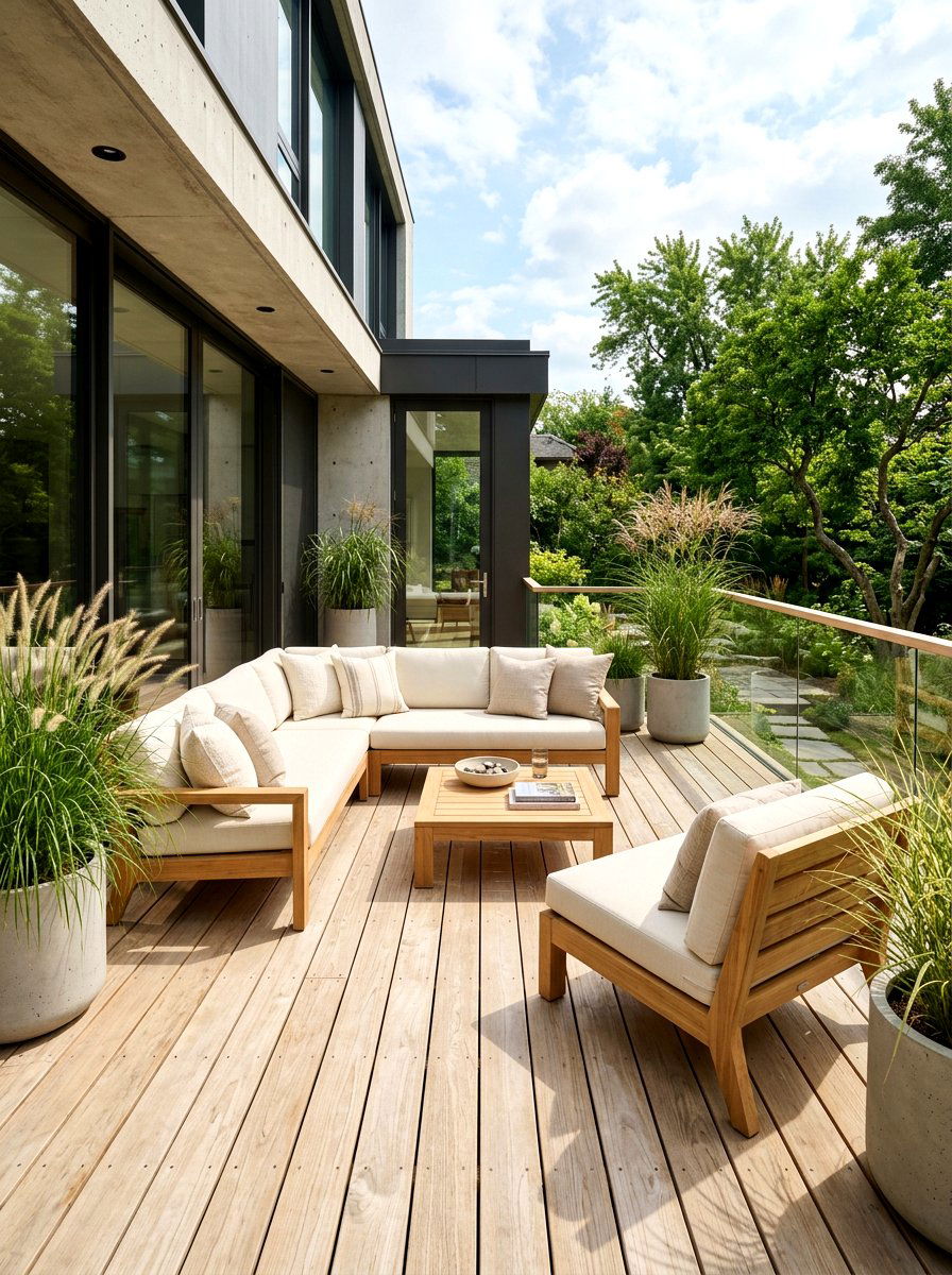 Wood deck seating area - 30 warm minimalist patio ideas