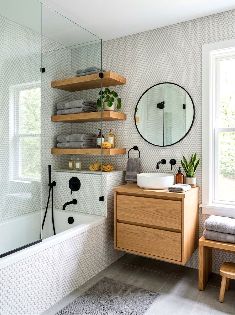 Wood floating bathroom shelves - 30 alcove tub styling ideas