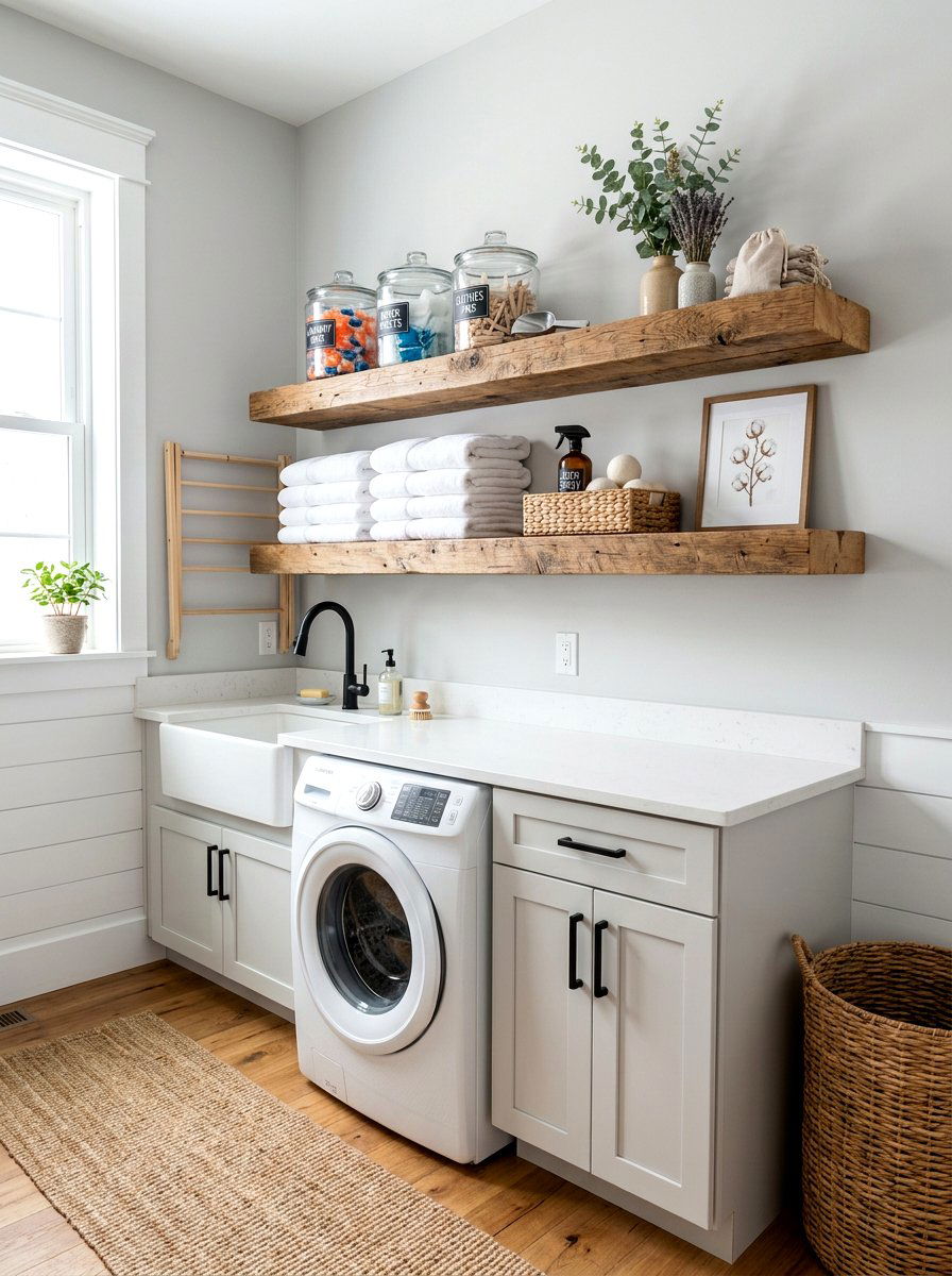 Wood floating shelves laundry room - 30 farmhouse laundry room ideas
